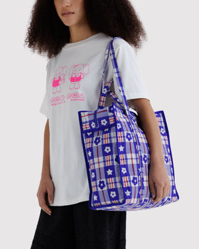 Large Nylon Market Bag - Market Plaid Blue - Travel Ready