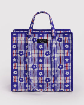Large Nylon Market Bag - Market Plaid Blue